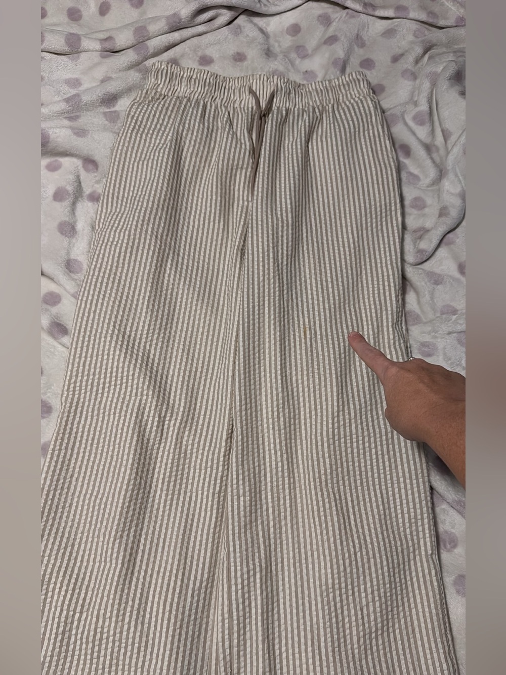 Seersucker Wide-Leg Pants in Beige & White